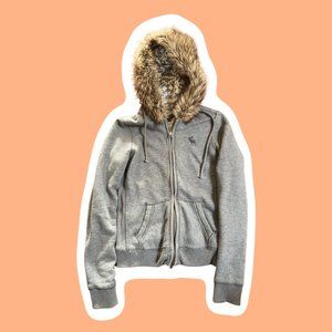 ABERCROMBIE + FITCH FUR HOOD FAIRISLE LINED GREY ZIP UP FLEECE - WOMENS LARGE